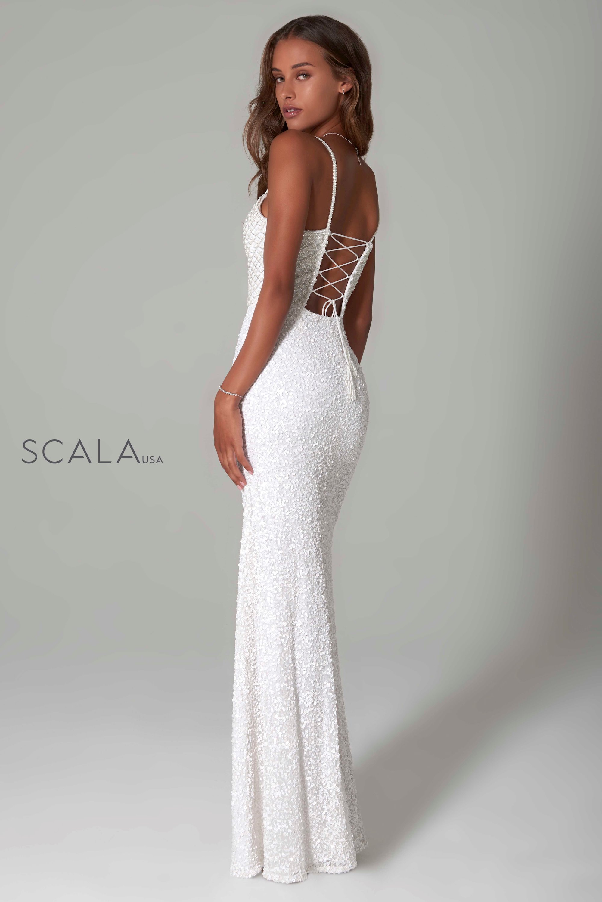 Scala - SCALA - 60125 Sweetheart Beaded Bodice Sequin Skirt Sheath